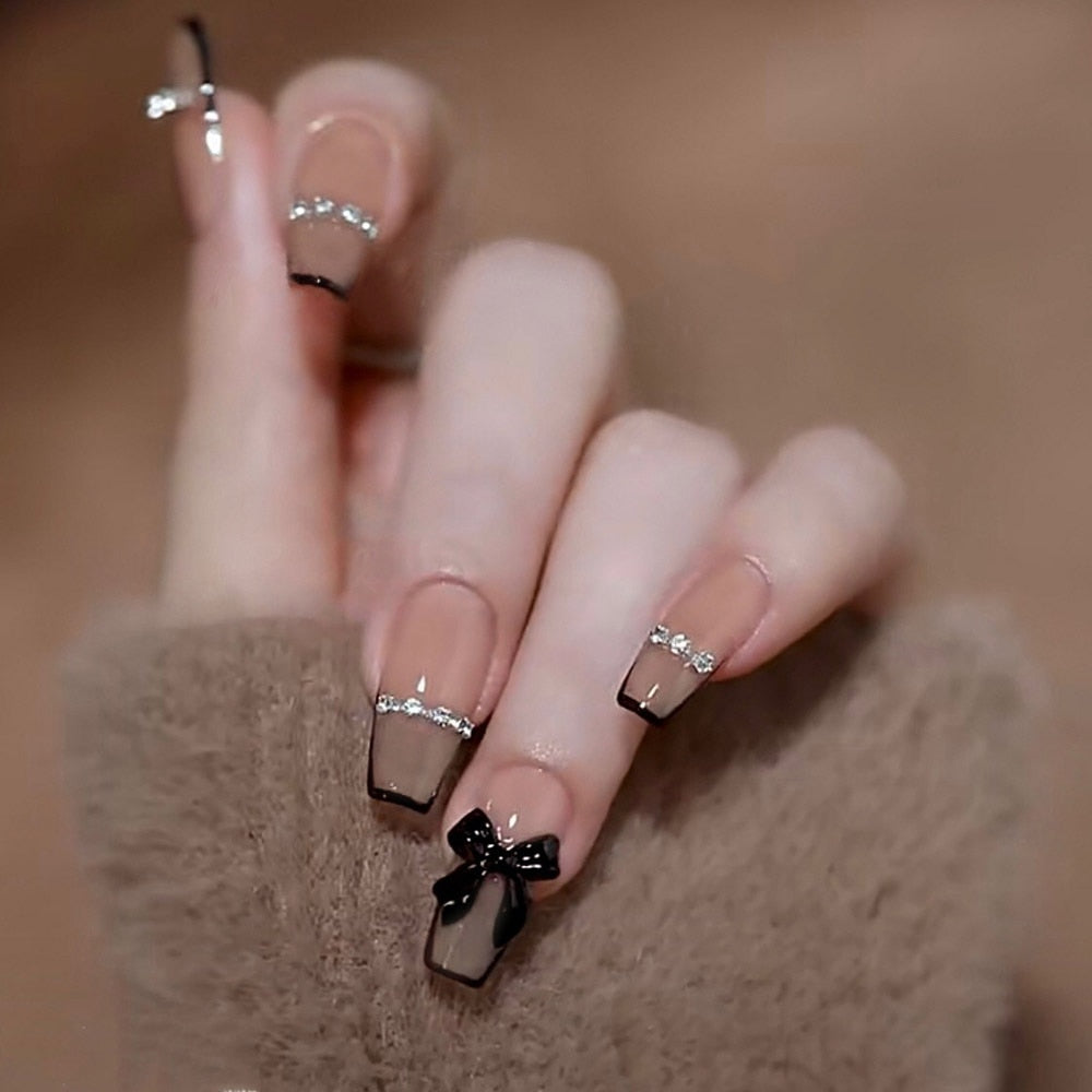Franse stijl valse nagels glitter boog ontwerp nep nagelspatch valse nagel patch middele lengte kist ballerina acryl kunstmatige nagels