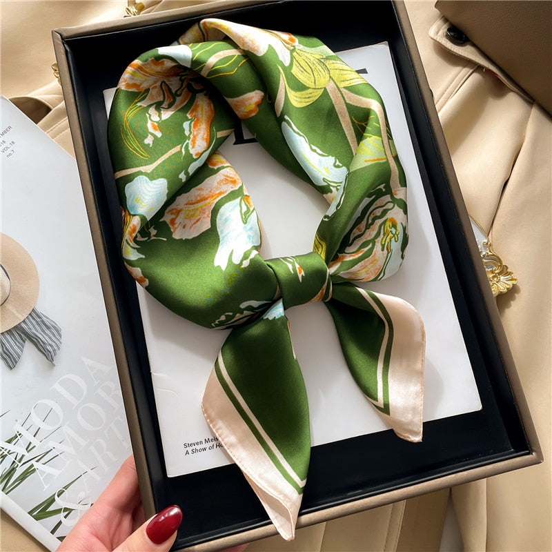 Luxury Print Satin Silk Square Scarf for Women Shawl Hijab Neckerchief Female Hair Ribbon Headband Fashion Wrap Bandana New FJ682-1