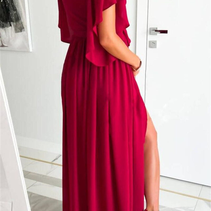 Solid Color High Waist Lace-up Gown Ladies Elegant Commuter Evening Party Split Hem Dressy Women's V Neck Flared Sleeve Dresses