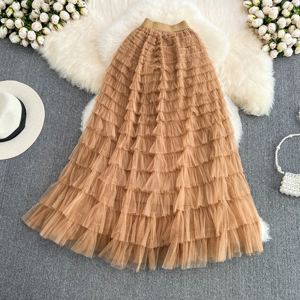 Super Long 97cm Maxi Tulle Skirts for Women 2023 New Chic Patchwork Cake Skirt Multilayer Large Swing A-Line Skirts Mujer Faldas Khaki One Size