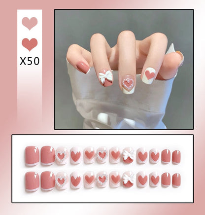24PCS/Box Bowknot Rabbit Pattern Pearl Short Square Designer Fashion Design French Style Full Covering Pressed Fake Nails
