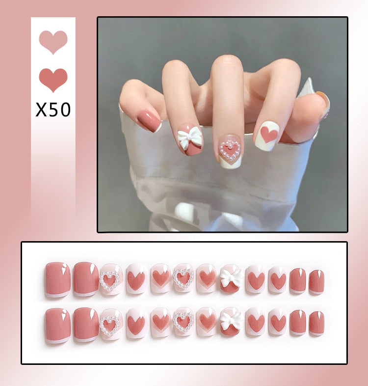 24PCS/Box Bowknot Rabbit Pattern Pearl Short Square Designer Fashion Design French Style Full Covering Pressed Fake Nails X50--Fake Nails