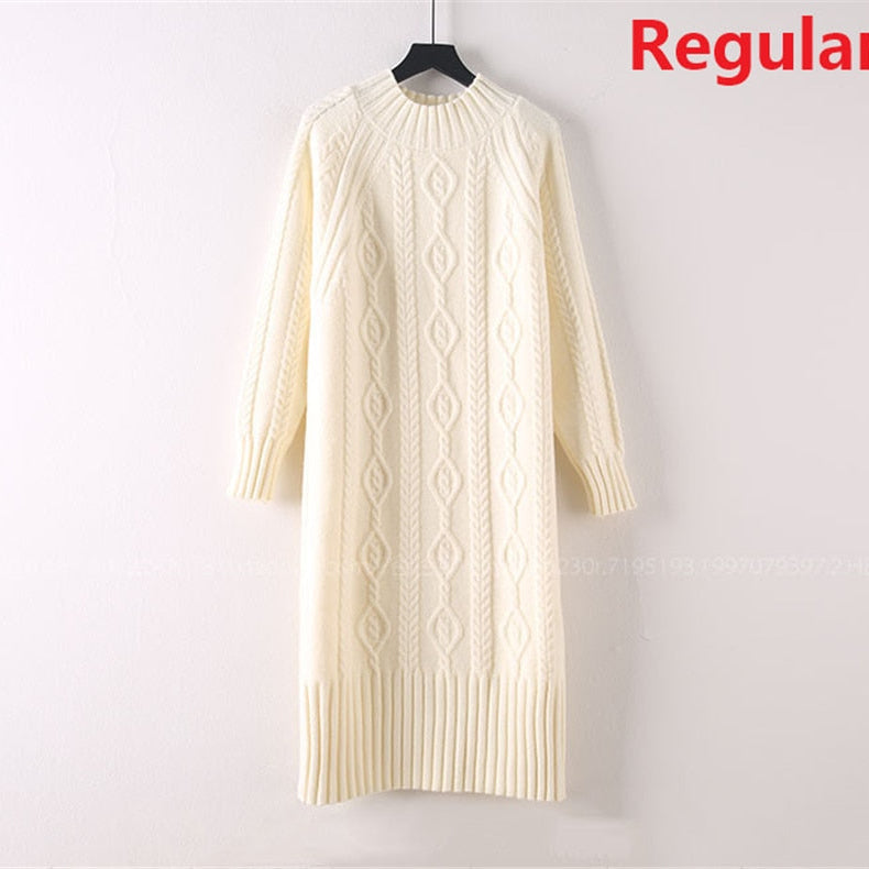 Winter Thicken Plus Velvet Sweater Dress Women's Fall Mock Neck Rib Knit Bottoming Dresses Elegant Warm Vestido Midi With Coats beige
