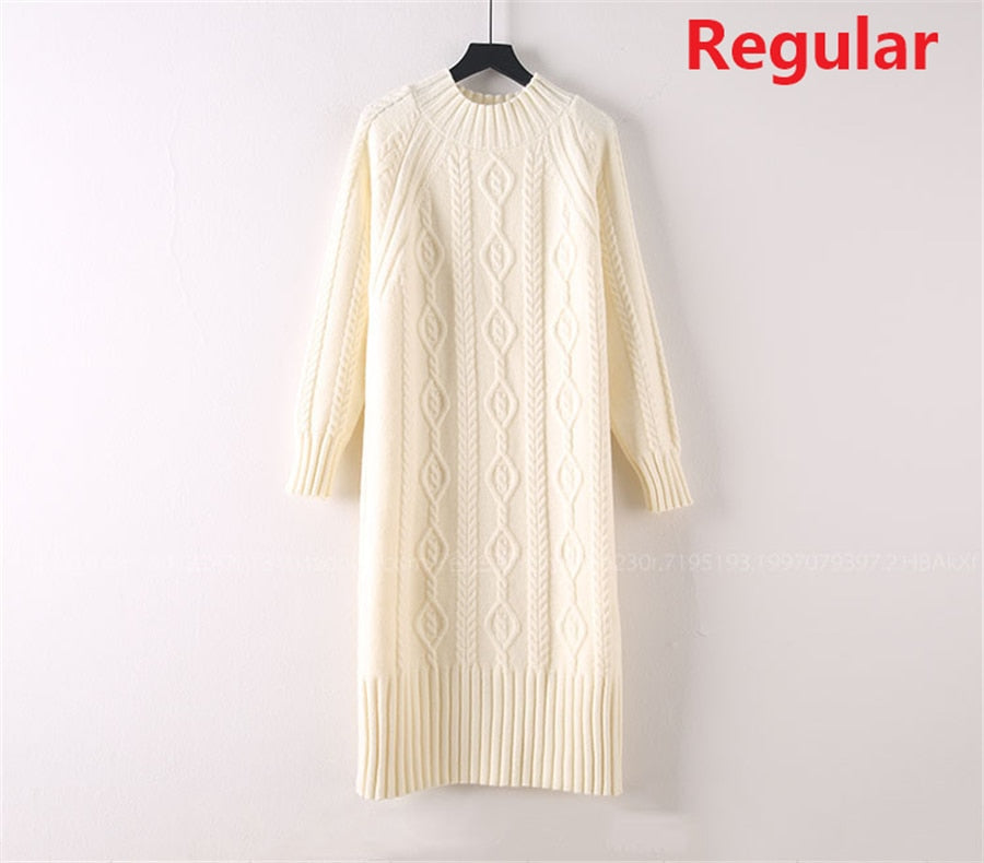 Winter Thicken Plus Velvet Sweater Dress Women's Fall Mock Neck Rib Knit Bottoming Dresses Elegant Warm Vestido Midi With Coats beige