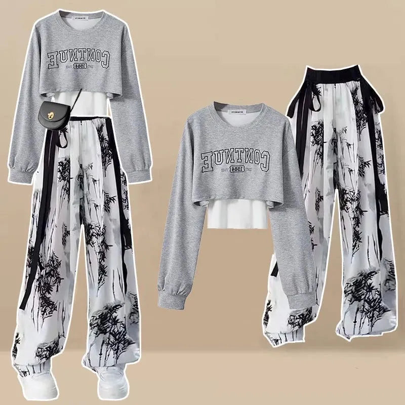 Women's Autumn Tracksuit Suit Korean Elegant Casual Short Long Sleeve Sweater+Vest+Spoort Pants 3 Piece New Matching Set Gray Set