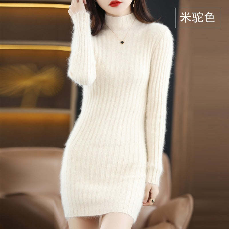Autumn and Winter Long Women's Sweater 100% Mink Cashmere High Neck Knitted Pullover Korean Fashion Soft Women's Top Beige