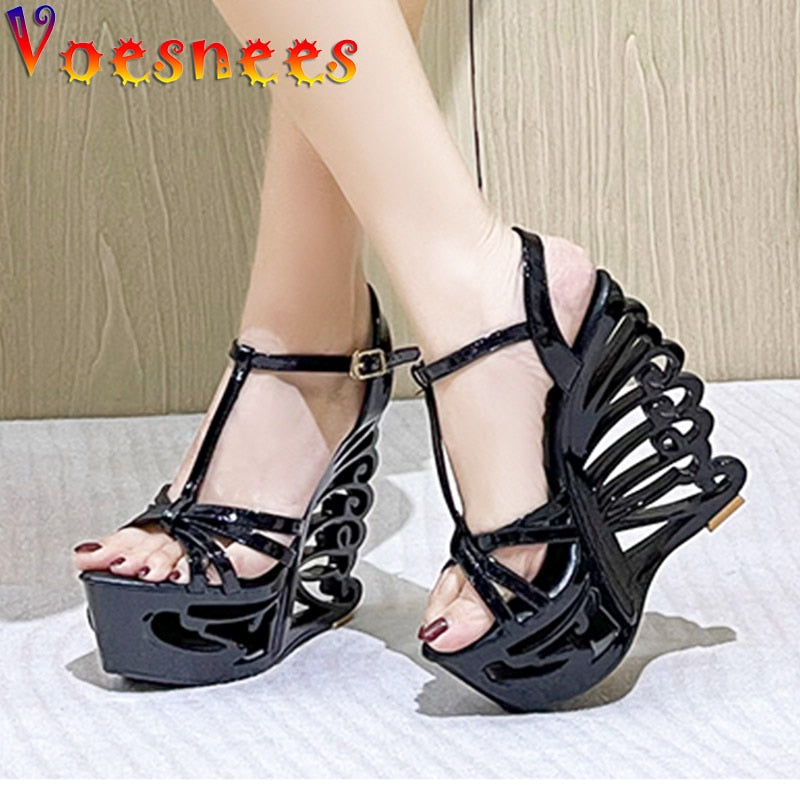 Summer Hollow Out Platform Nightclub Fashion Pumps Woman Super High Heel Wedges Sandals Sexy Ankle Buckle Peep Toe Party Shoes