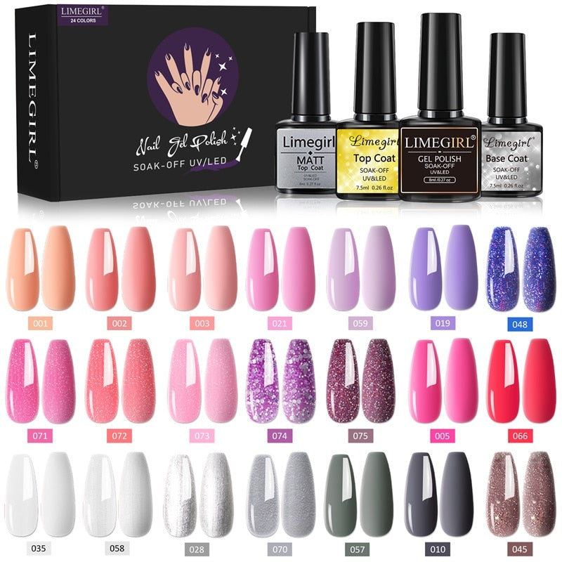 Limegirl Gel Nail Polish Set Kit Pink Glitter Popular Spring 60/40/24 Colors Semi Permanent UV Led Gel Varnish Soak Off Nail 21-3PCS-2