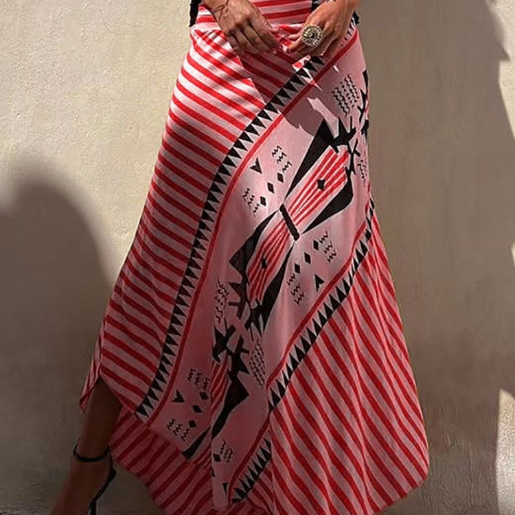 Boho Retro Patchwork Print Skirt Women Summer High Waist A-Line Elastic Long Skirts Casual Holiday Beach Skirt