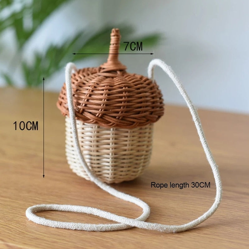 New Acorn-shaped Storage Basket Hand-woven Round Rattan Bag Bucket Tropical Beach Style Woven Shoulder Bag Photo Props Default Title