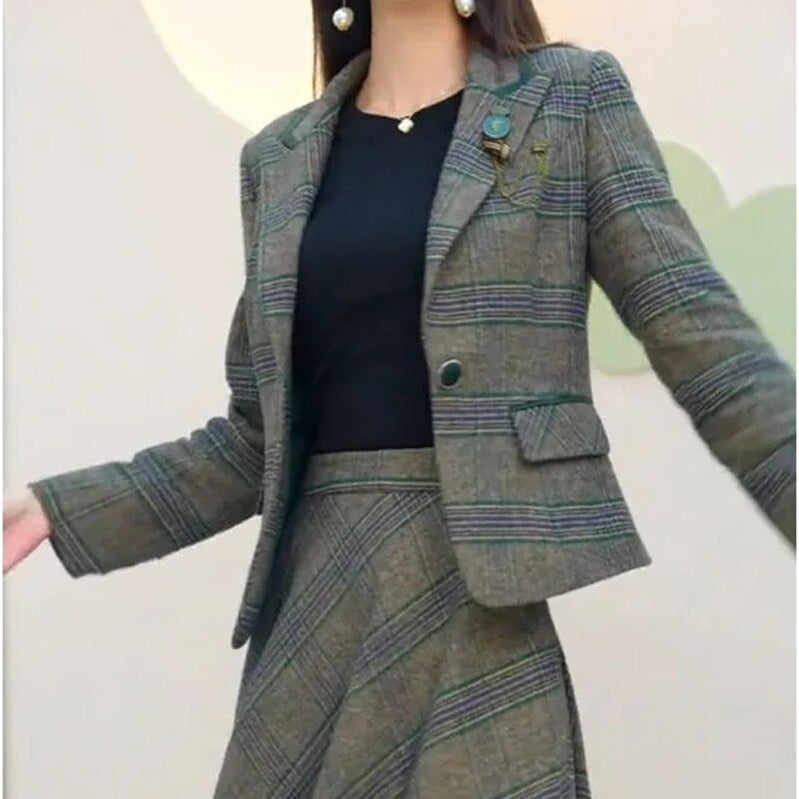 Elegant Plaid Skirts 2 Piece Set Slim Blazer Tops + A-line Vintage Skirt Korean Casual Tracksuit Spring Fall New Women Ensembles