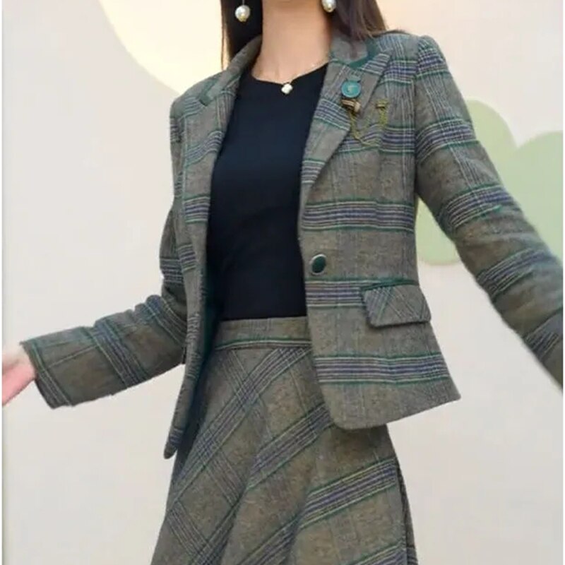 Elegant Plaid Skirts 2 Piece Set Slim Blazer Tops + A-line Vintage Skirt Korean Casual Tracksuit Spring Fall New Women Ensembles