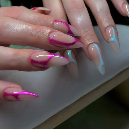 Wearable Silver Stripes Y2k False Nails Long Almond Round Fashion Nail Tips Press On With Silver Beads Designs Fake Nails Art