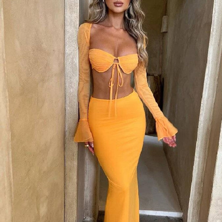 Townlike Yellow Backless Sexy Two Piece Set Lace Up Top Hollow Out Long Skirt Women Set Elegant Party 2 Piece Set Women Set Yellow