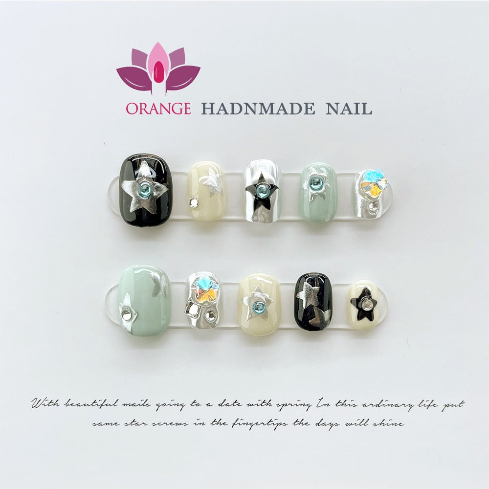 Handmade Gothic Short Press on Naile Rhinestone Round Head Manicuree Decoration Wearable Full With Design Acrylic Nail For Girls Spain