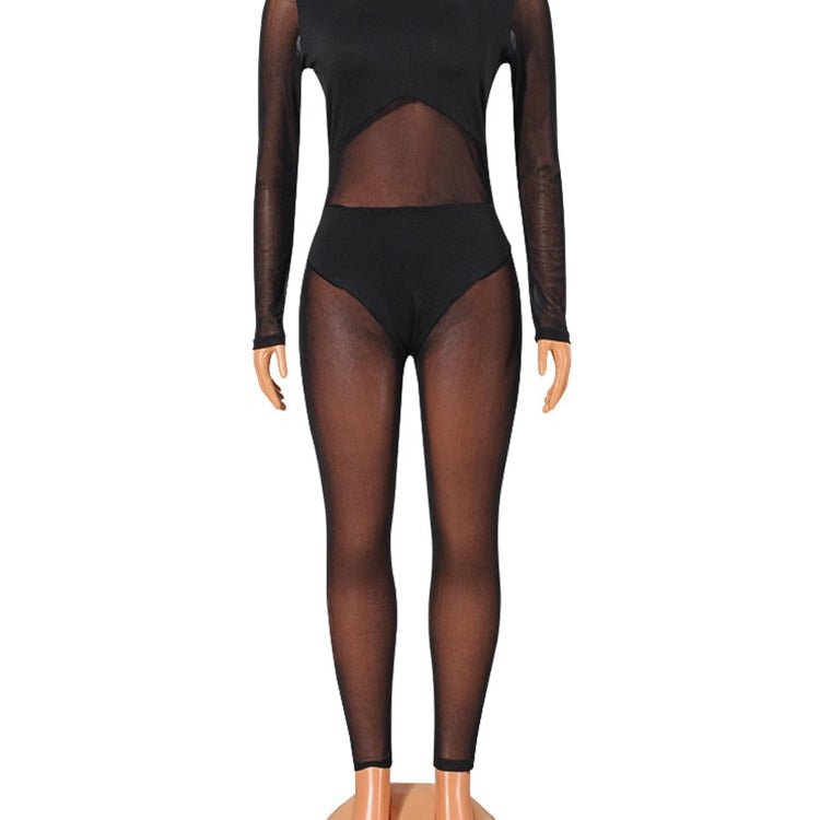 Sexy Jumpsuit Women Transparent Black Jumpsuits Elastic Mesh Bodysuits Summer See Through One Piece Night Club Outfit