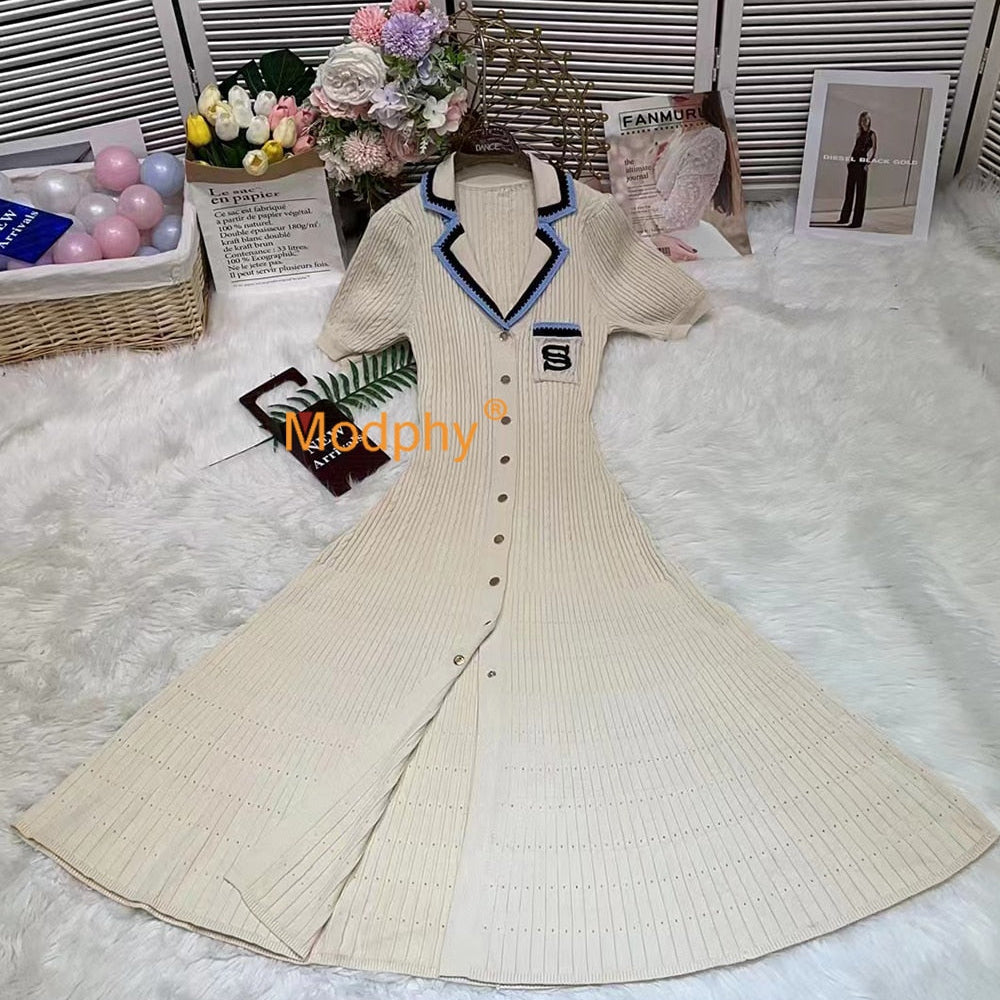 Modphy Elegant Slim Knitted Long Dress Women's Single breasted Long sleeved Designer Slim Vintage Dresses Autumn