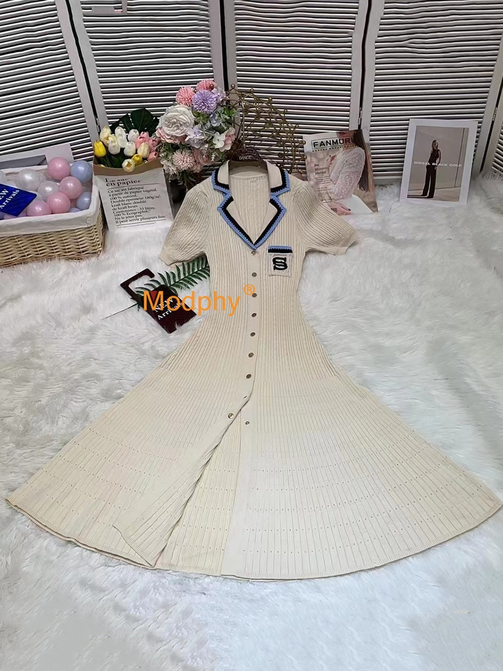 Modphy Elegant Slim Knitted Long Dress Women's Single breasted Long sleeved Designer Slim Vintage Dresses Autumn