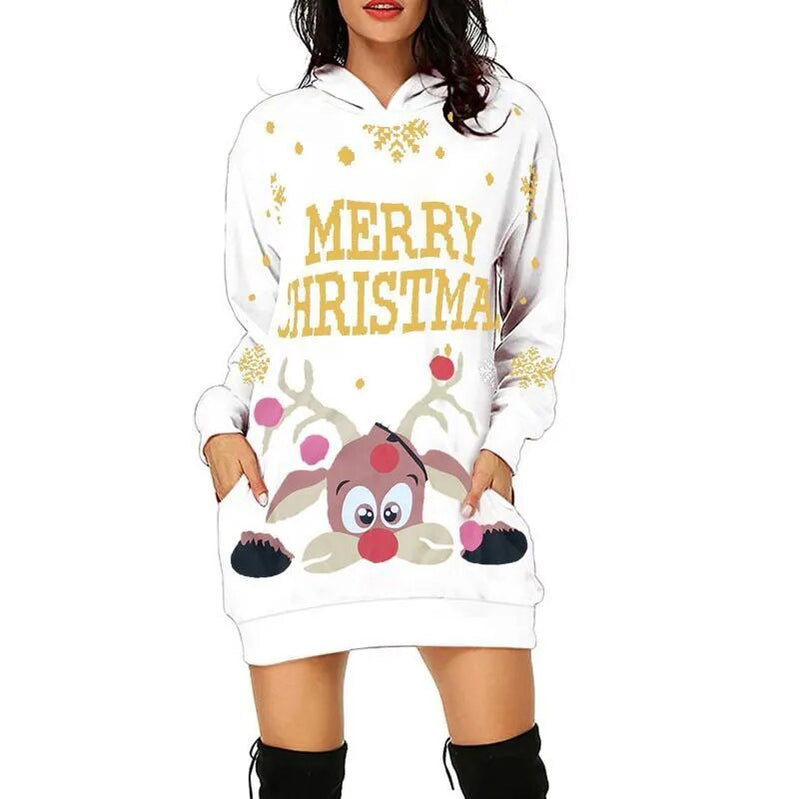 Christmas Elk Snowflake Printed Sweatshirts Party Dress Women Fashion Dresses Sweatshirts Long Sleeve Hoodies Dress Casual Tops WW00059