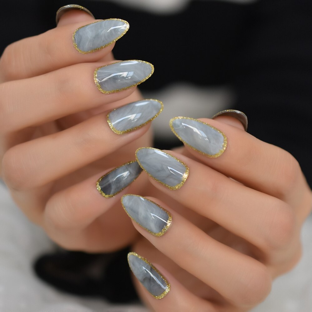 Glossy Gradient Rainbow Ombre French Press on Nails Almond Fake Nails Stiletto Oval Pointed Manicure False Nails Finger Tips L5540