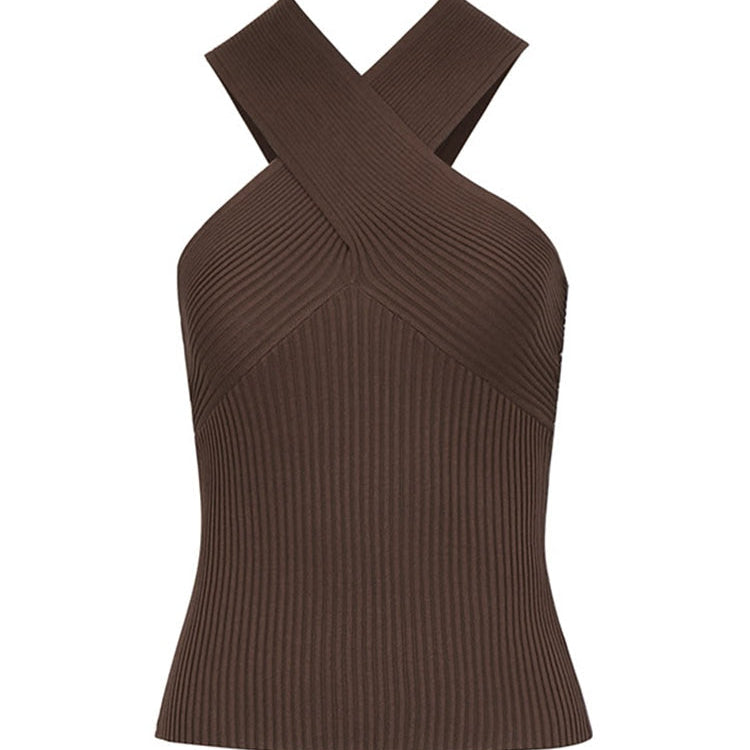 Fashion Women Summer Solid Vest Sleeveless Shirt Muje Knitted Tops Casual Blouses Y2K Crop Cami Top coffee
