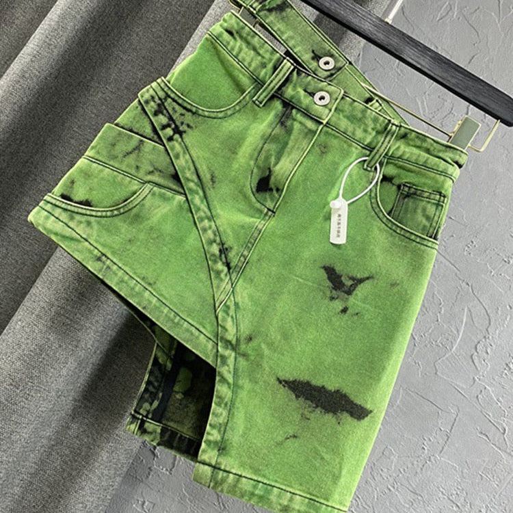 Fashion Women's Personalized Double Waist Design Green A-line Denim Skirt Asymmetric Hot Girl Short Skirts 2023