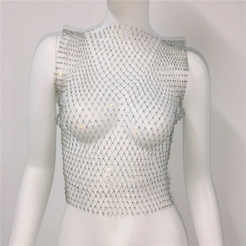 Women's Fishnet Rhinestone Crop Top 2023 Summer Sexy Mesh High Elastic Black White Shirt Net See Through Rave Diamond Tank Top Sliver Spain