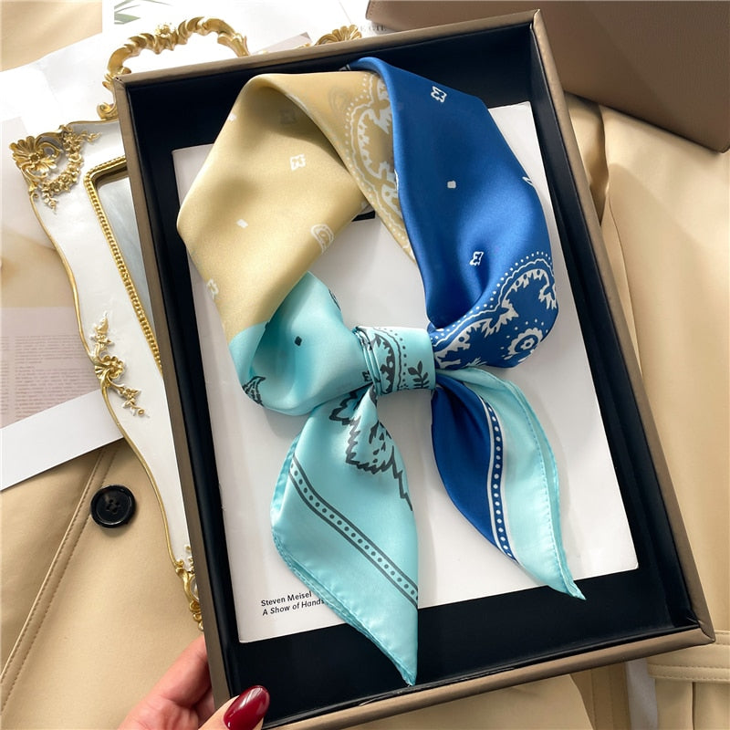 Luxury Print Satin Silk Square Scarf for Women Shawl Hijab Neckerchief Female Hair Ribbon Headband Fashion Wrap Bandana New FJ669-1