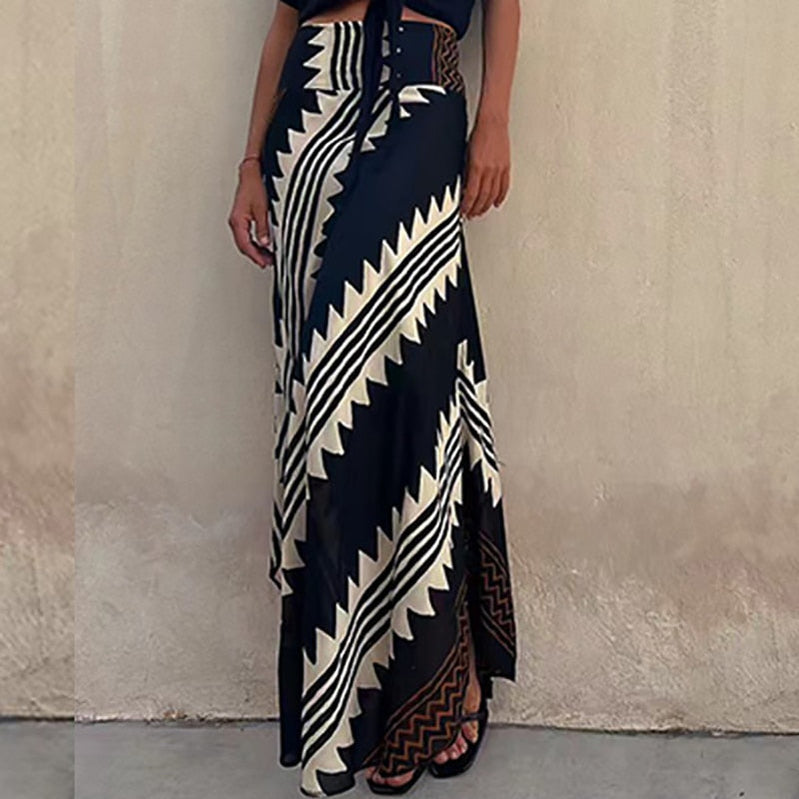 Boho Retro Patchwork Print Skirt Women Summer High Waist A-Line Elastic Long Skirts Casual Holiday Beach Skirt 05 Black Print