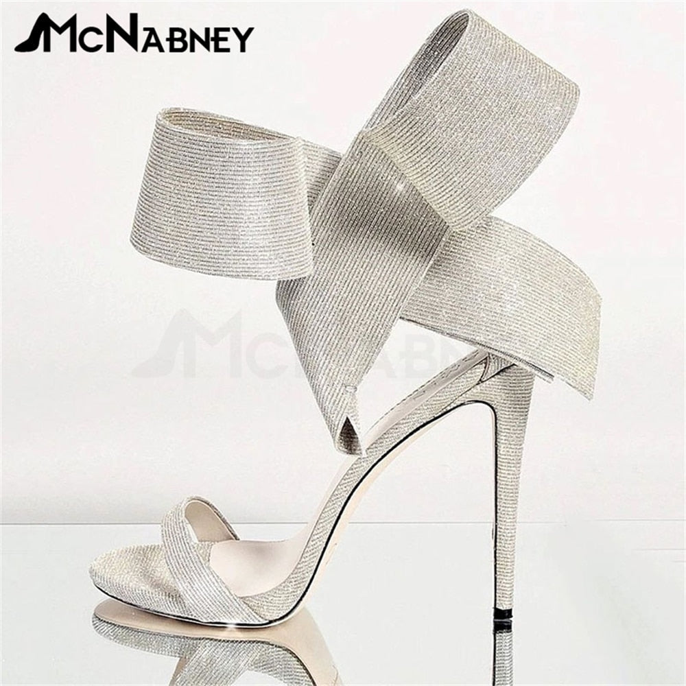 Satin Butterfly Knot High Heels Stiletto Pointed Toe Sandals Luxury Style Shoes Fashion High Heels Shiny Rhinestone Sandals Sale Bling Bling