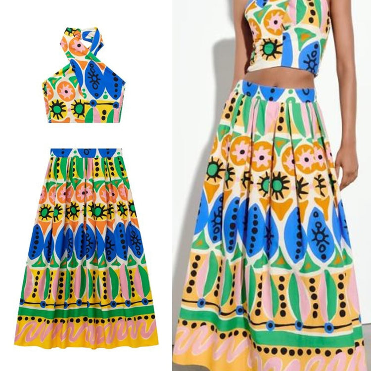 KJMYYX 2023 Fashion Summer Print Skirt Sets For Women Female Causal Halter Sleeveless Camisole Tops A-Line Mid-Calf Skirt