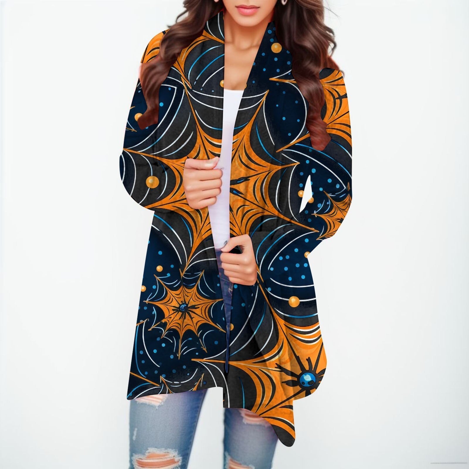 Halloween Print Women's Cardigans Witch Spider Web Fun Graphic Open Front Coat Cardigan With Pockets Fall Casual Coat Jackets H