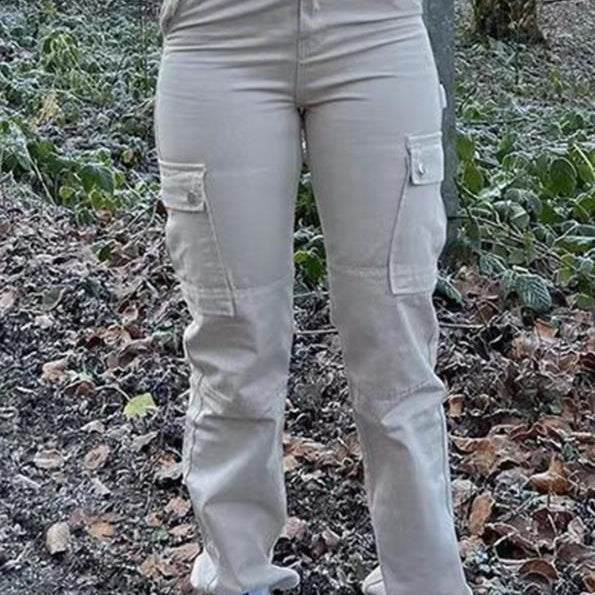 Green Cargo Pants Pocket Design High Waist Button Solid Color Pants Summer New Fashion Loose Women's Pants Streetwear Sky Blue