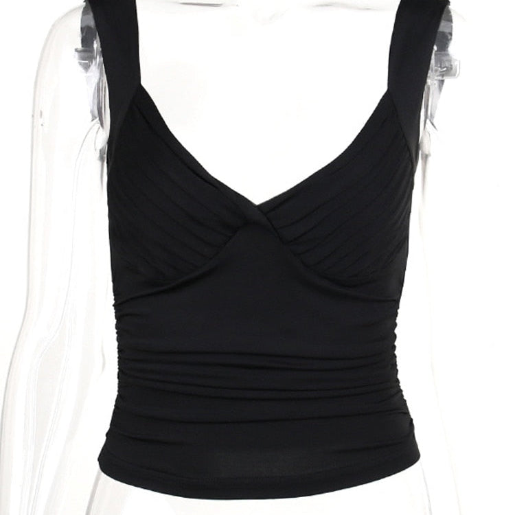 Mozision Stretch Pleated Cups Pretty Sexy Tops Women V Neck Sleeveless Backless Tank Tops Female Skinny Sexy Party Crop Tops Black