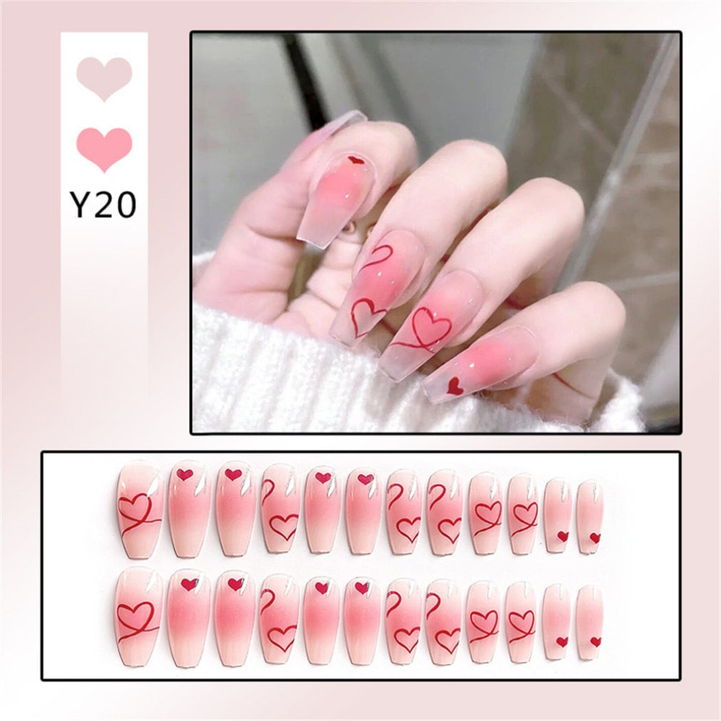 24Ps Childlike Fake Nails With Glue Cute Kawaii Personality Stick On Nails False Girls Short Press On Nail Art DIY Manicure Tool