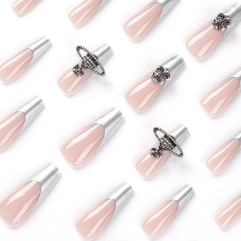 JP2347 Silver French Tip Press on Nails Wholesale Bulk,XXL Reusable Stick on Nails Set Press on