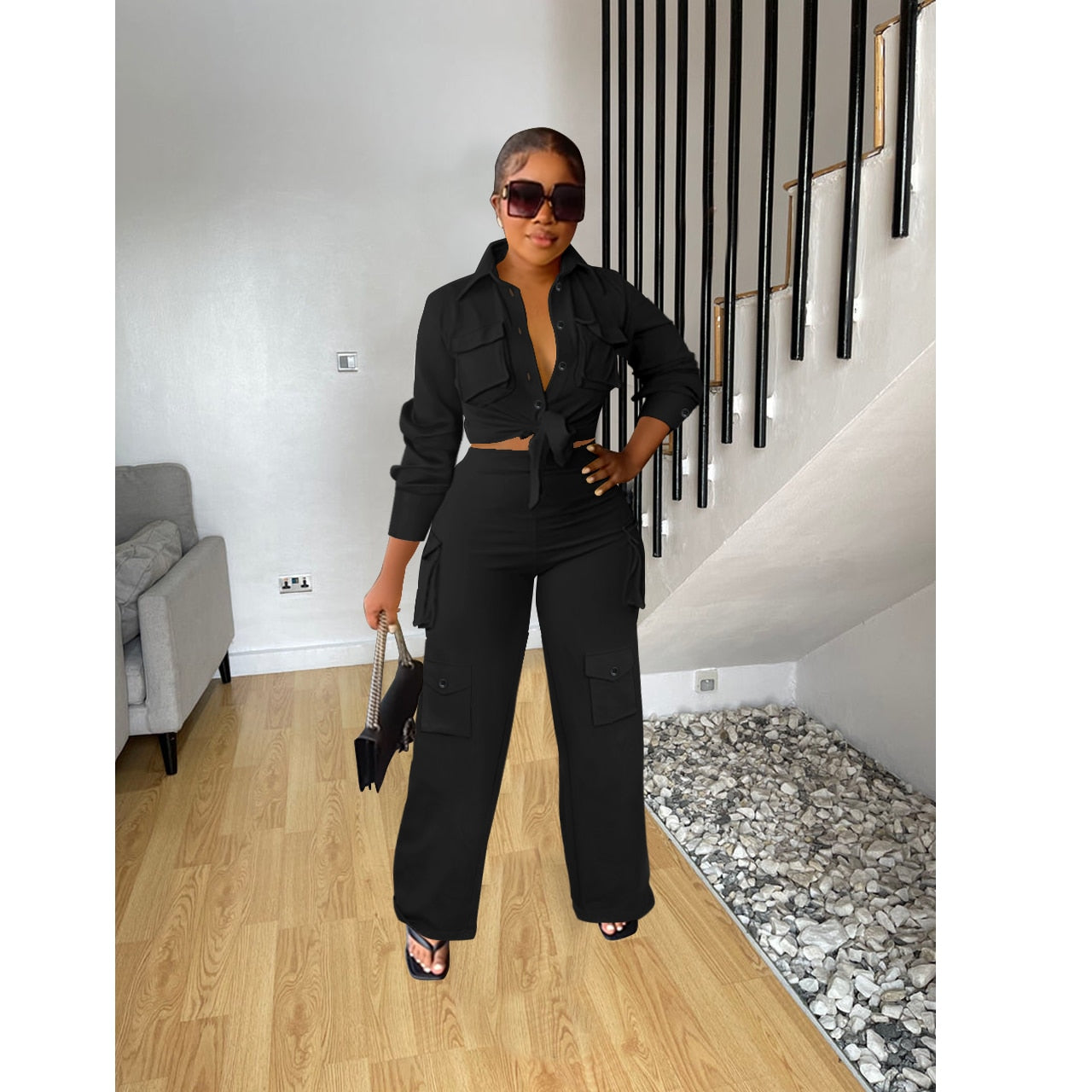 Autumn Winter Casual Solid Color Long Sleeve Shirt Pants Tooling Multiple Pockets Wide Leg  High wWaisted Knit Women Set