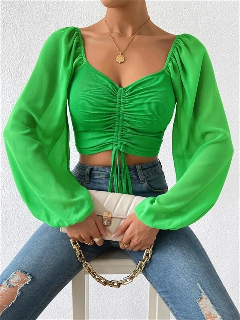Sexy V-neck Women Blouses Drawstring Long Sleeve Crop Tops Ladies Fashion Summer Short Shirt Woman Clothes Blusas Camisas Mujer Grass green
