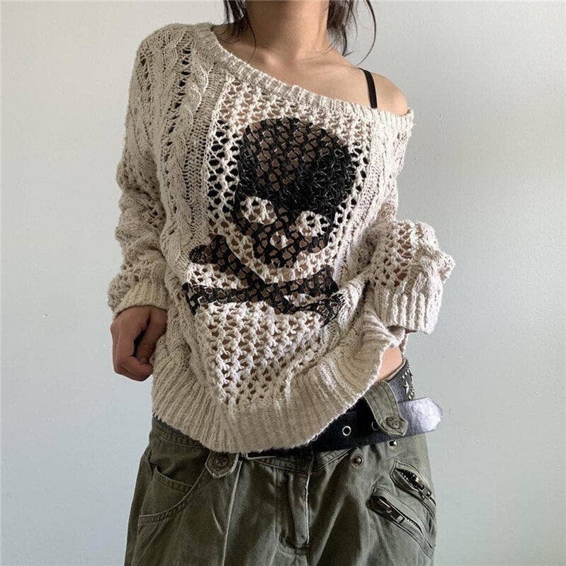 Women Skull Print Cable Knit Sweater Halloween Clorthes Gothic Hollow Out Long Sleeve Round Neck Loose Jumper Tops Fall Knitwear