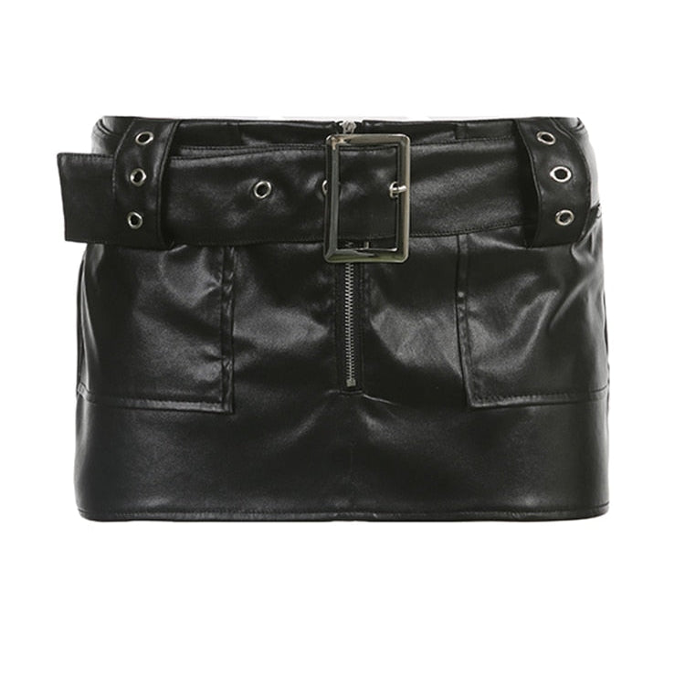 Sexy Slim Pu Leather Skirt Below The Navel With Sashes Cool Retro Zipper Mini Skirts Women Summer Streetwear Ladies