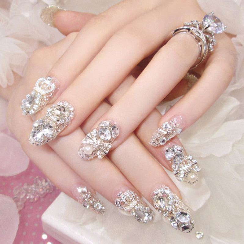 24pcs/Box Luxe Shining Swinestone Свадебные фальшивые ногти прозрачные блески драгоценных камней Crown Davely Proaks Full Shork Art Bride