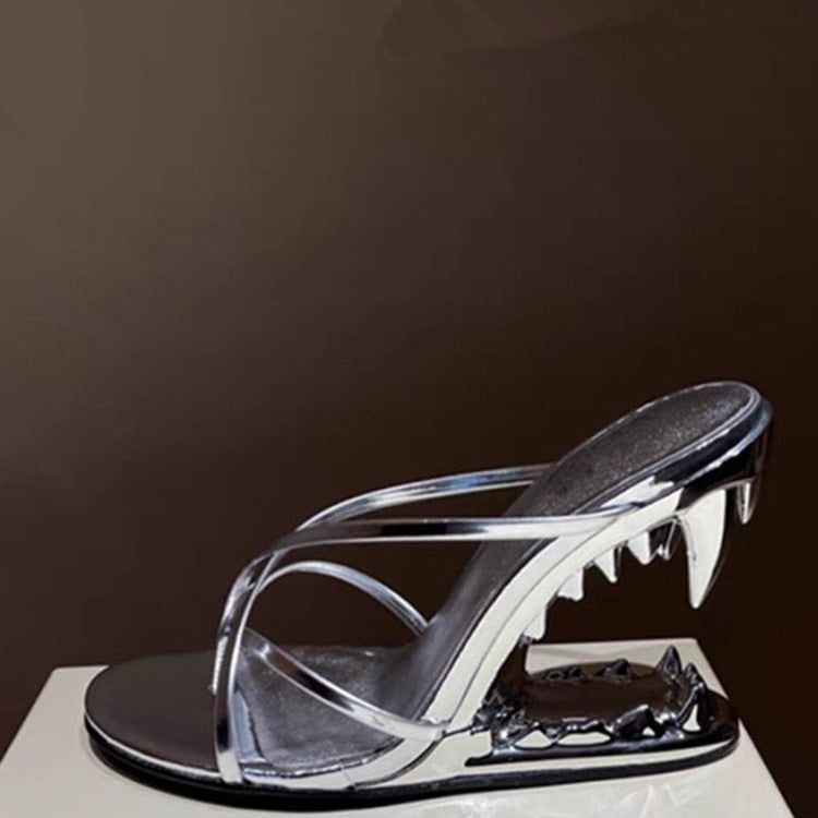 Fashion Metal Teeth Shaped Heel Sandals Round Toe Back Zipper Women's Dress Large Women's Sandals Summer silvery 2