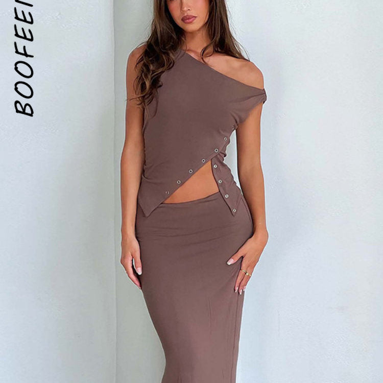 BOOFEENAA Asymmetrical Sleeveless T Shirt Button Split One Shoulder Cropped Tank Tops Womens Clothing Summer 2023 C85-CZ14