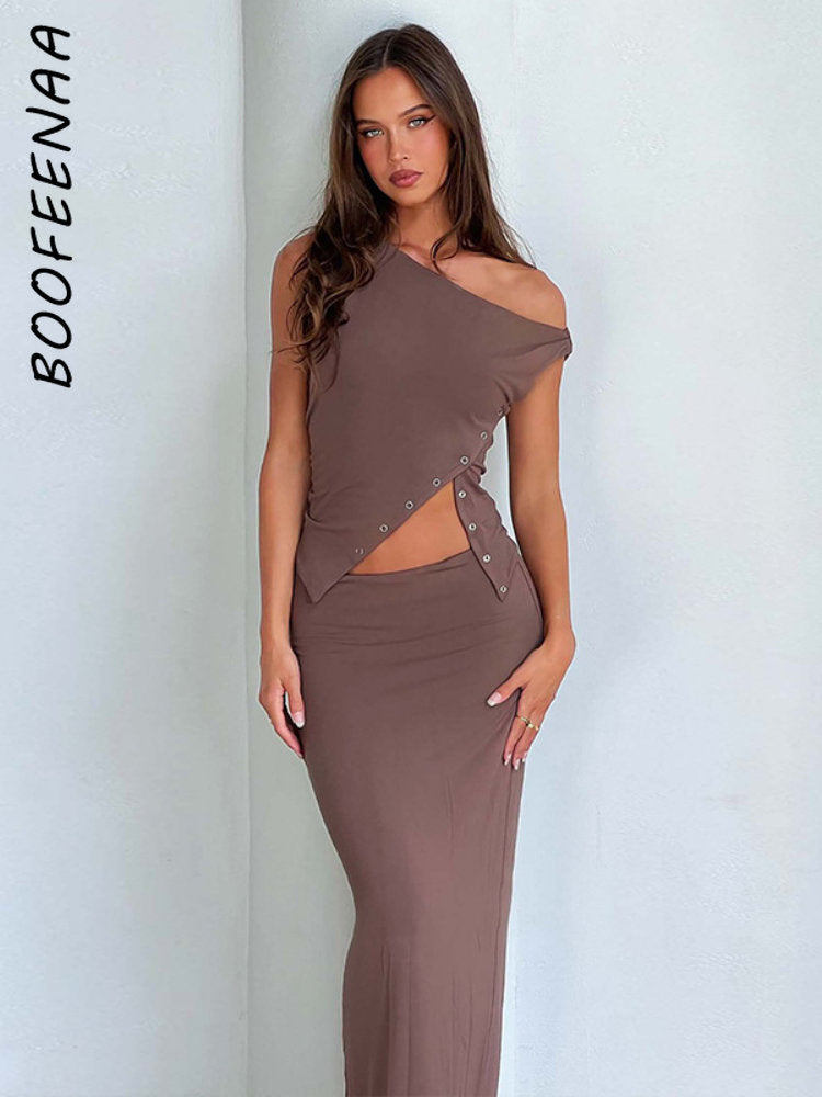 BOOFEENAA Asymmetrical Sleeveless T Shirt Button Split One Shoulder Cropped Tank Tops Womens Clothing Summer 2023 C85-CZ14