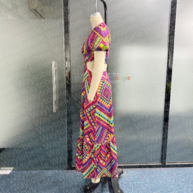 Women Maxi Dress Summer Fashion V Neck Short Puff Sleeve Hollow Out Printed Beach Party Dresses High Streetwear