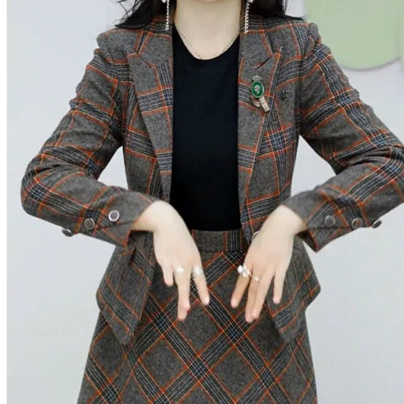 Elegant Plaid Skirts 2 Piece Set Slim Blazer Tops + A-line Vintage Skirt Korean Casual Tracksuit Spring Fall New Women Ensembles
