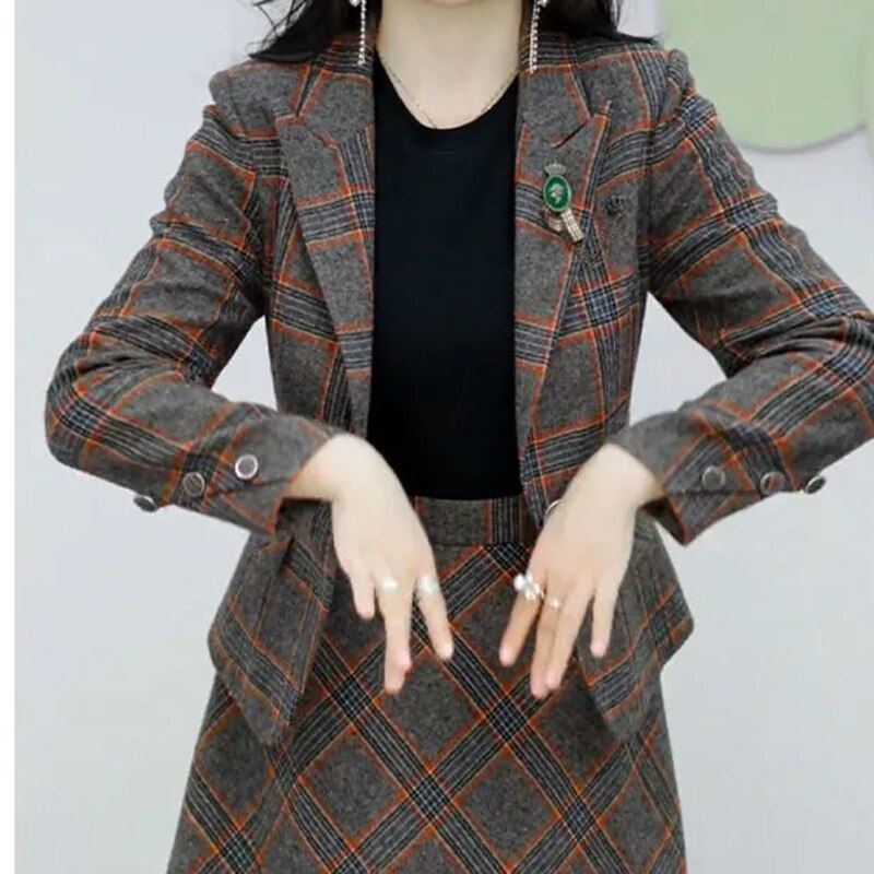 Elegant Plaid Skirts 2 Piece Set Slim Blazer Tops + A-line Vintage Skirt Korean Casual Tracksuit Spring Fall New Women Ensembles