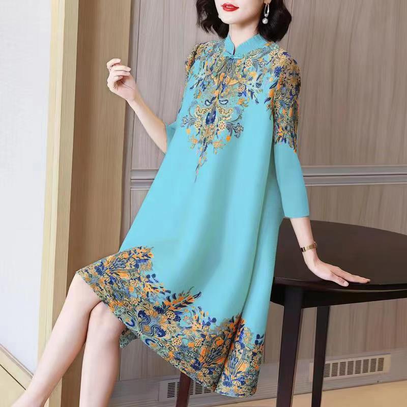 Summer Autumn Overesized Stand Collar Temperament Floral Printing Dress Ladies Elegant Fashion Loose Dresses Robe Femme Vestido