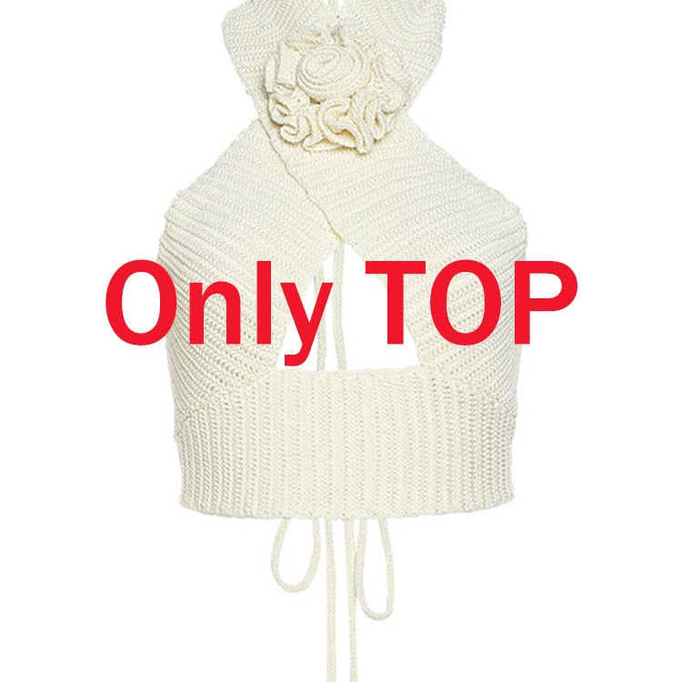 Tawnie Y2K Floral Appliques Knitted 2 Piece Sets Women 2023 Summer Sexy Halter Crop Top Split Maxi Skirt Sets Party Club Outfits Backless CropTop One Size