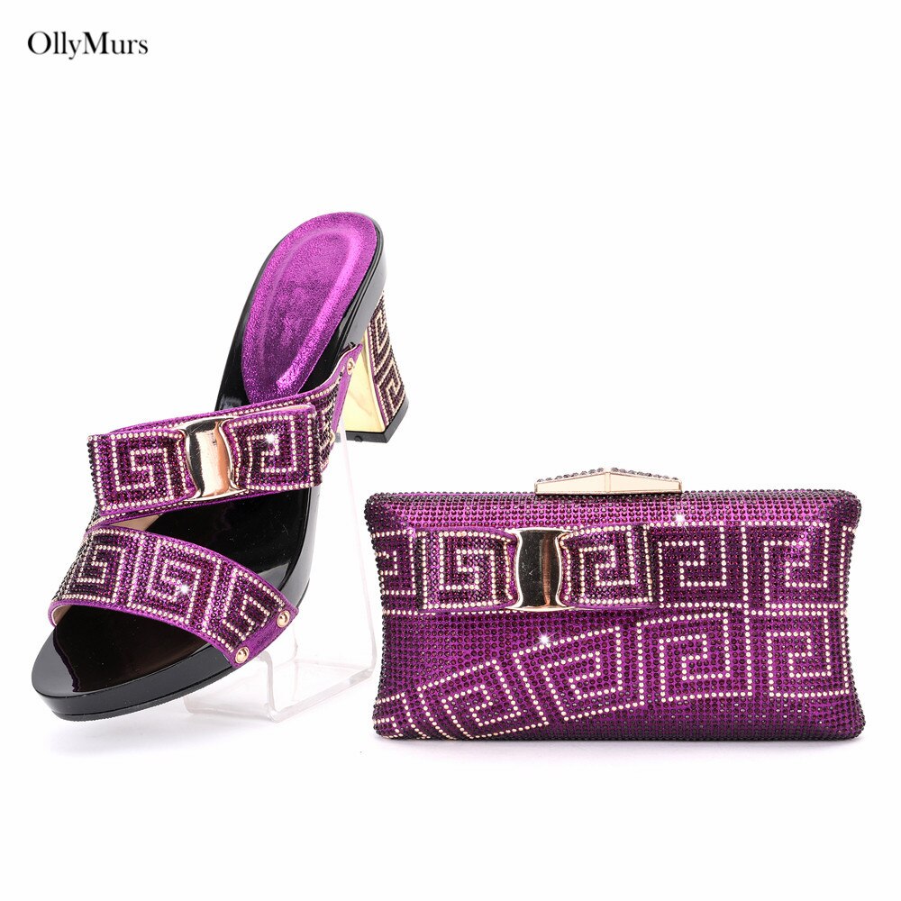 New Arrival Elegant Rhinestone Slipper Woman Shoes And Purse Set Italian Style Square Heels Shoes And Bag Set For Party